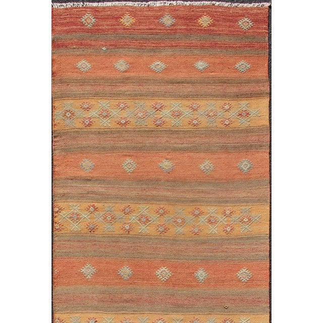 Colorful Vintage Turkish Kilim runner with a stripe and modern design, Minimalist stripe design Kilim runner from Turkey,...