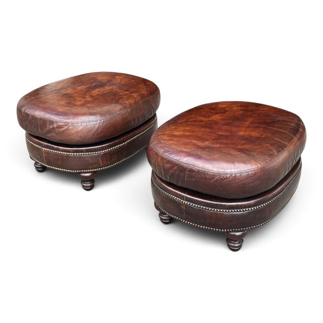 Wood Vintage Oval Brown Leather Ottomans With Brass Nailhead Trim – A Pair For Sale - Image 7 of 7