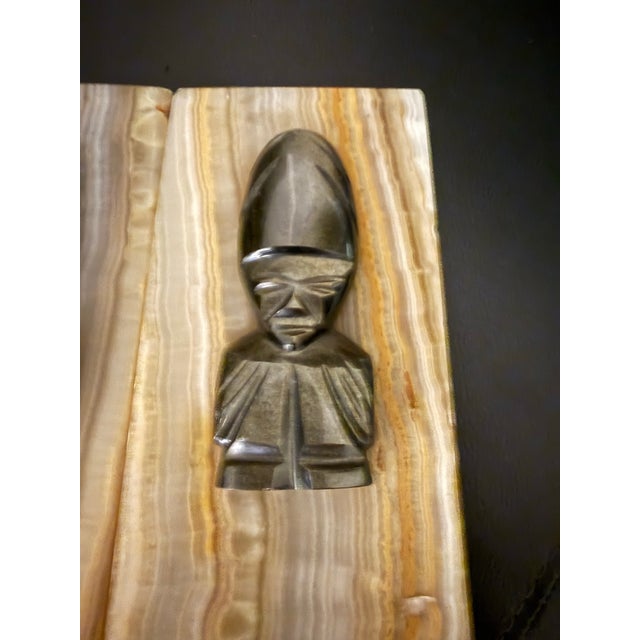 Onyx Vintage Heavy Onyx Bookends 7” Aztec Mayan Style Figural Busts Carved Stone Art Deco For Sale - Image 8 of 11