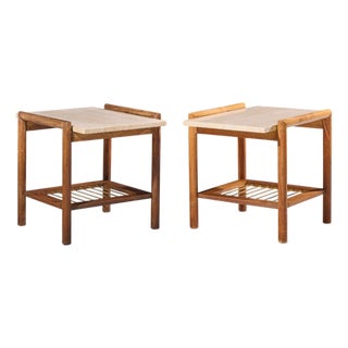 Dux Style Mid Century Travertine and Oak Side End Tables - Pair For Sale