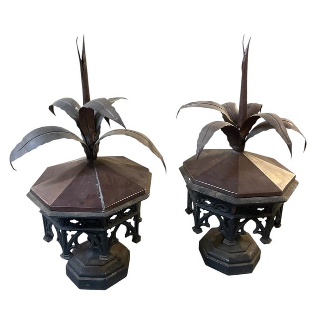 2000 - 2009 Pair of Vintage Neoclassical Cast Iron & Copper Architectural Finials With Wrought Botanical Agave Crests For Sale - Image 5 of 12