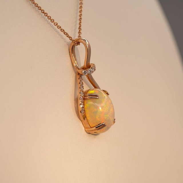 Ethiopian Opal Pendant With Natural Diamond Accents in Solid 14k Gold, 10x8mm For Sale In Columbus - Image 6 of 7