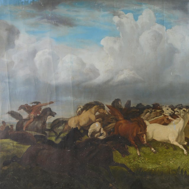 This striking vintage oil painting captures the raw power and movement of a thundering herd of horses galloping across an...