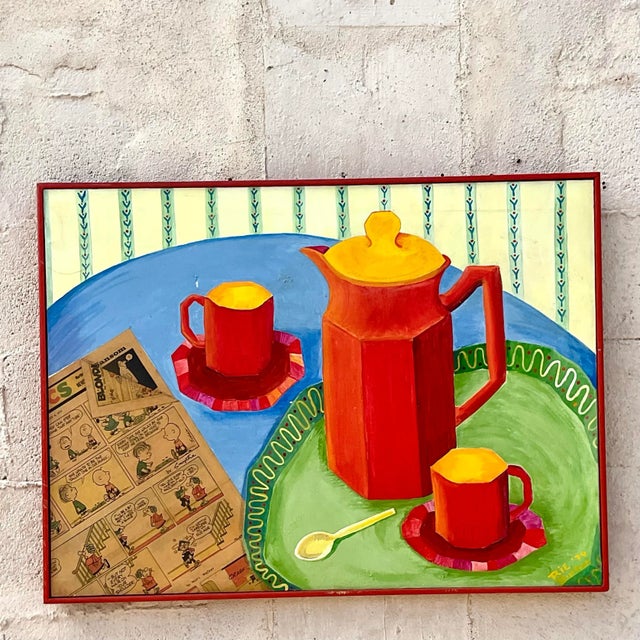 1960s Vintage Boho Mixed Media Coffee Service Still Life on Canvas Painting For Sale - Image 5 of 5