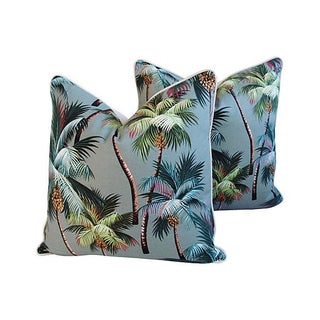 Custom Oasis Palm Tree Barkcloth Pillows - A Pair For Sale