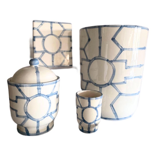 Bamboo Fret Ceramic Bath Set, Light Blue, 4 Pieces For Sale