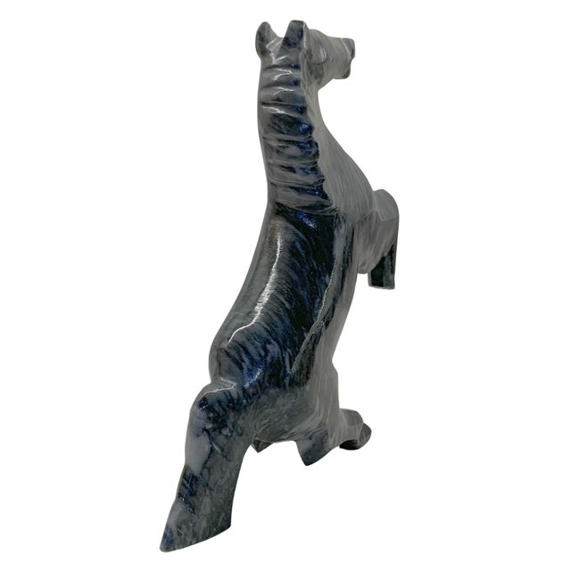 Contemporary Vintage Carved Black Marble Rearing Horse Sculpture For Sale - Image 3 of 7