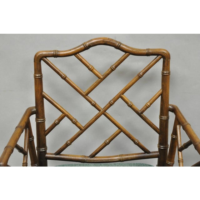Mid 20th Century Vintage Chinese Chippendale Faux Bamboo Wood Fretwork Dining Arm Chairs - A Pair For Sale - Image 5 of 14