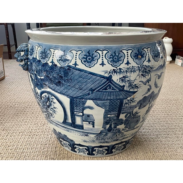 Late 20th Century Chinese Export XXL Blue & White Porcelain Tree Pot Floor Planter For Sale - Image 5 of 12