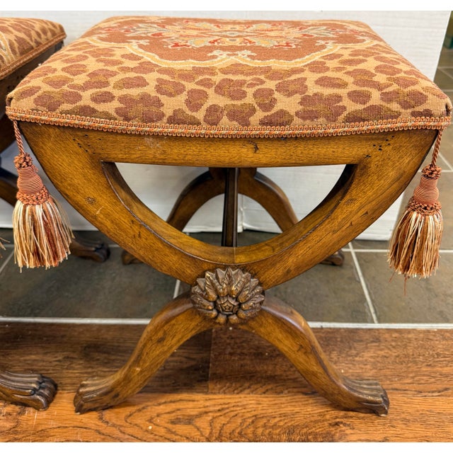Neoclassical Pair of Neoclassical Carved X-Base Benches Ottomans With Animal Print For Sale - Image 3 of 8