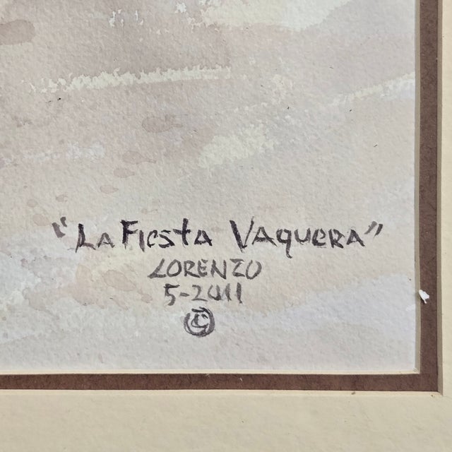 Contemporary Lorenzo Castñeda 2011 "La Fiesta Vaquera" Framed Watercolor 39"w X 27"h Beautiful Western Piece For Sale - Image 3 of 18