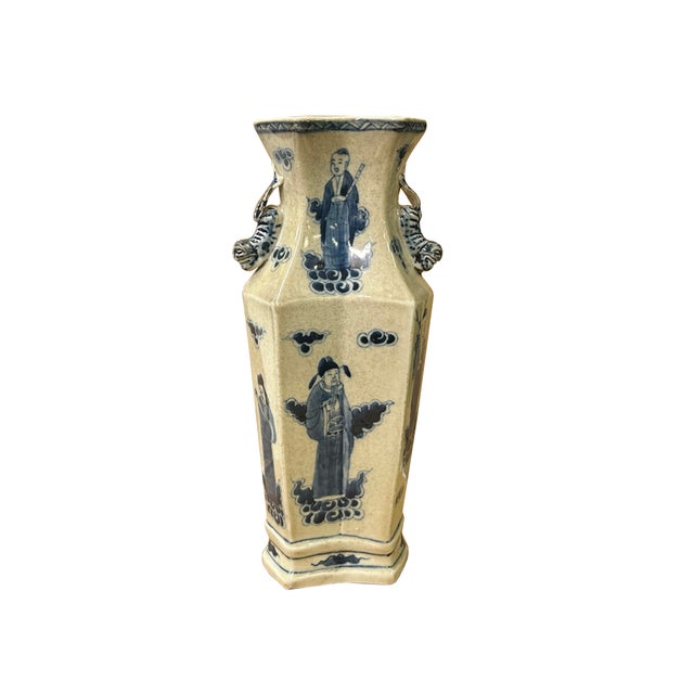 Vintage Rhombus Shape Blue White Eight Immortal Graphic Porcelain Vase For Sale - Image 4 of 18