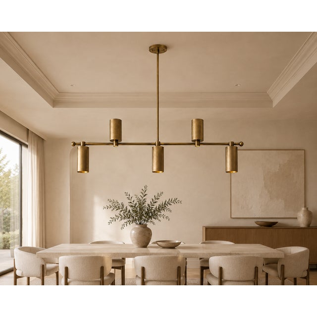 Metal Handcrafted Solid Brass Linear 5 Light Chandelier, Industrial Brass Chandelier, Ceiling Light Fixture, Dining Room Lighting For Sale - Image 7 of 10