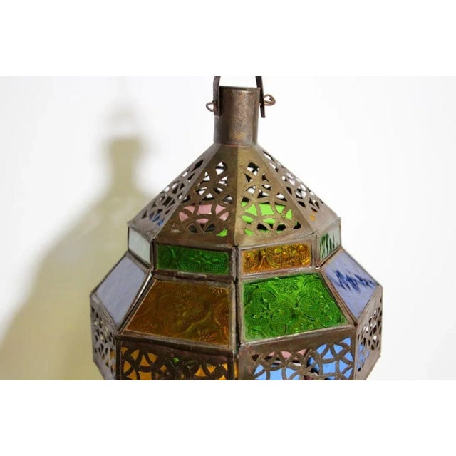 Handcrafted Moroccan Metal and Multi-Color Glass Lantern Octagonal Diamond Shape For Sale - Image 11 of 13