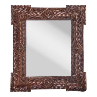 Petite French Tramp Art Mirror with Carved Geometric Frame, circa 1900 For Sale