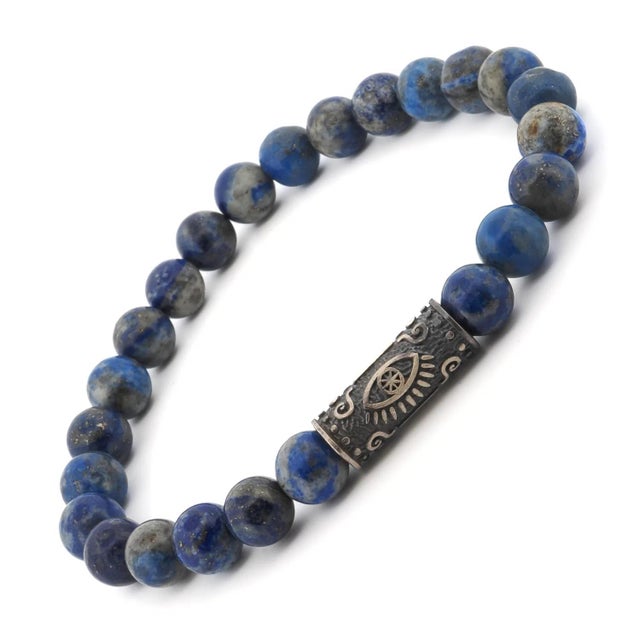 Lapis Lazuli & Sterling Silver Unique Evil Eye Symbol Beaded Bracelet For Sale In Miami - Image 6 of 7