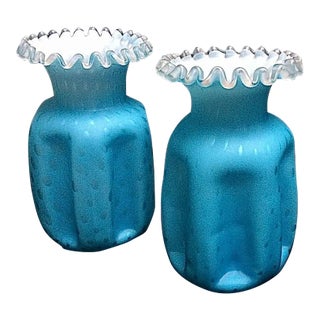 Pair of 1920s Aqua Satin Webb Ruffled Polka Dot Cased Glass Vases For Sale