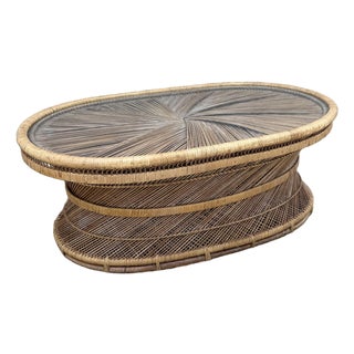 Boho Chic Buri Rattan Oval Inlaid Glass Top Coffee Table For Sale