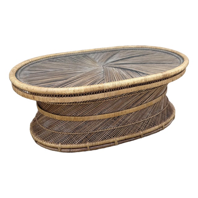 Boho Chic Buri Rattan Oval Inlaid Glass Top Coffee Table For Sale