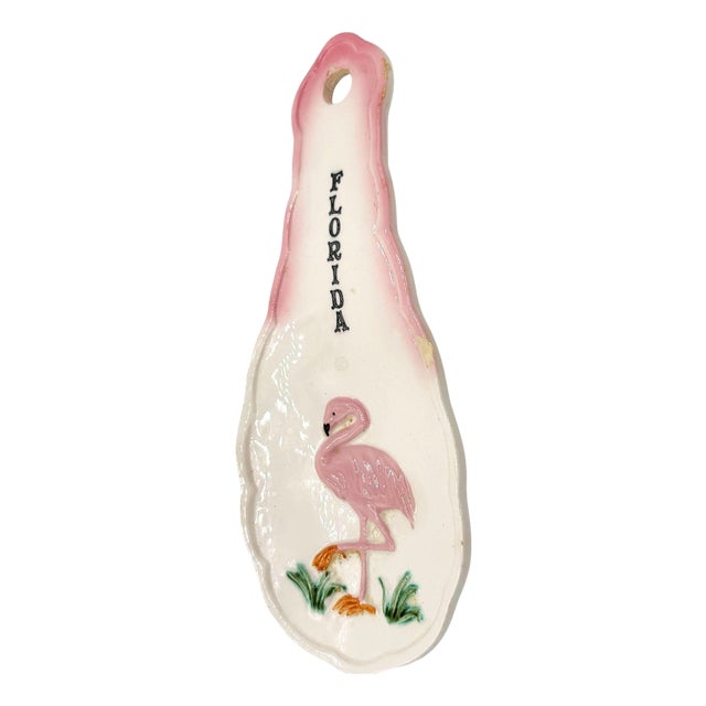 1950s Mid-Century Modern Hand Painted Spoon Rest 3d Flamingo Florida W/ Tropical Beach Theme For Sale