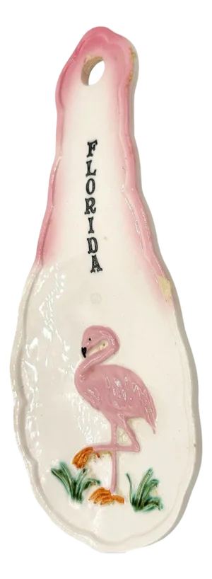 1950s Mid-Century Modern Hand Painted Spoon Rest 3d Flamingo Florida W/ Tropical Beach Theme