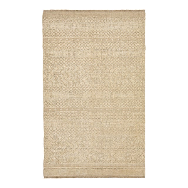 Beige Transitional Hand Loom Wool Rug With Geometric Pattern For Sale