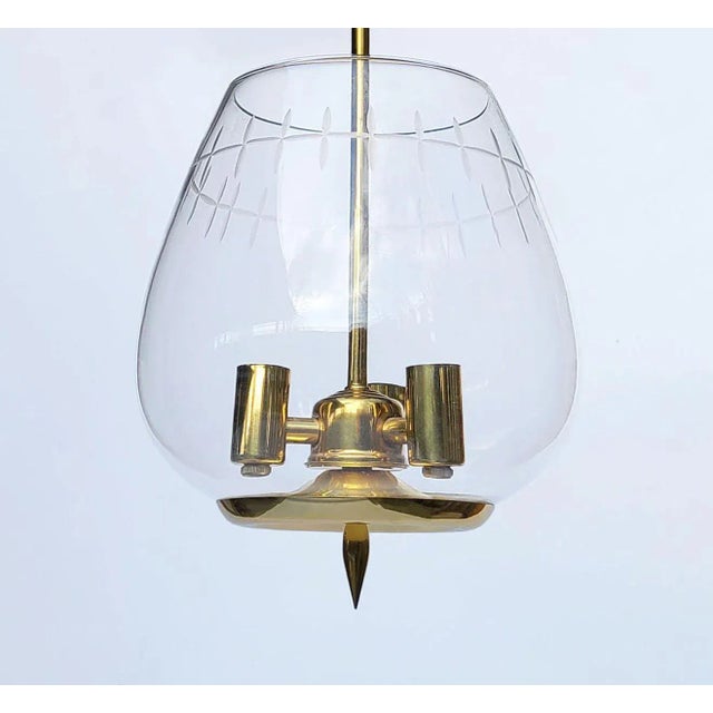 Brass Mid 20th Century Large Semi Flush Mount Brass Pendant Lights With Cut Glass Design Globes - Set of 3 For Sale - Image 8 of 10