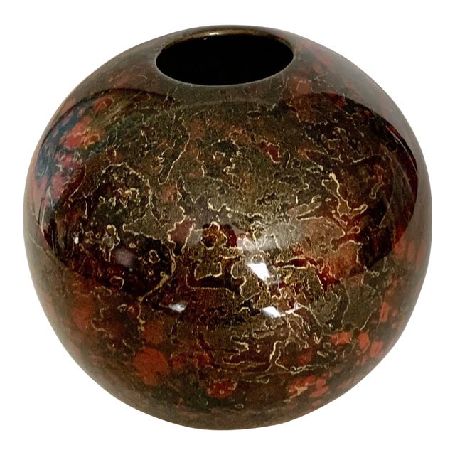 Brown Round Modern Art Studio Ceramic Vase With Gold and Orange Accenting For Sale