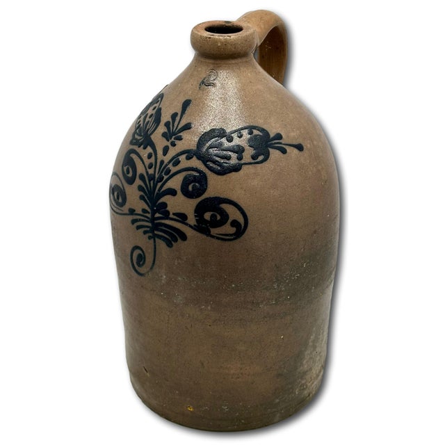 Great Mid 1800s Antique American 2 Galllon Stoneware Jug With Bold Artiscally Hand Decorated Navy Blue Flower Design For Sale - Image 14 of 18