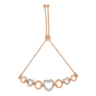 10K Rose Gold over .925 Sterling Silver 1/10 Cttw Round-Cut Diamond Heart Link Adjustable Bolo Bracelet (H-I Color, I2-I3 Clarity) - 6"-9" Adjustable For Sale