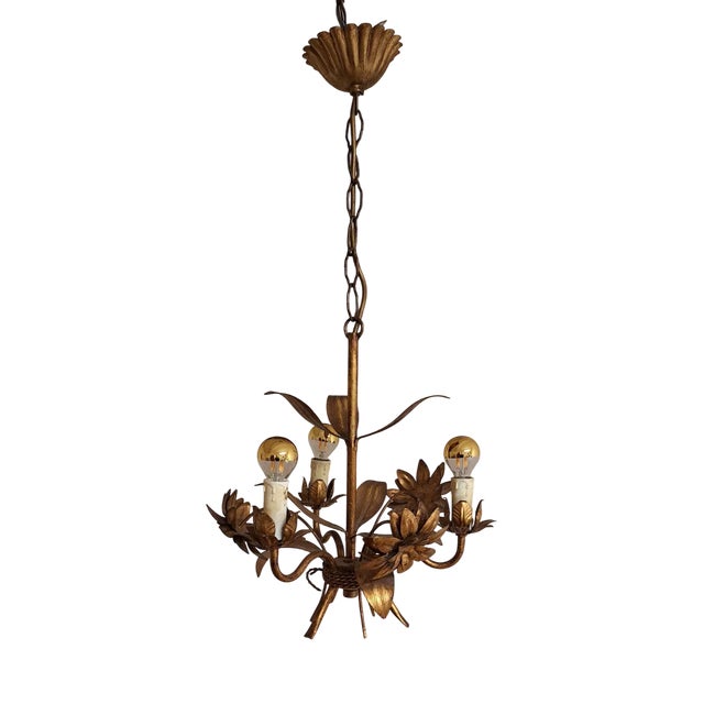 Vintage Chandelier in a Floral Design Made of Gold-Colored Metal, 1970s For Sale