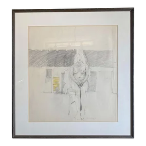 1970s Seated Nude Woman Original Drawing, Framed