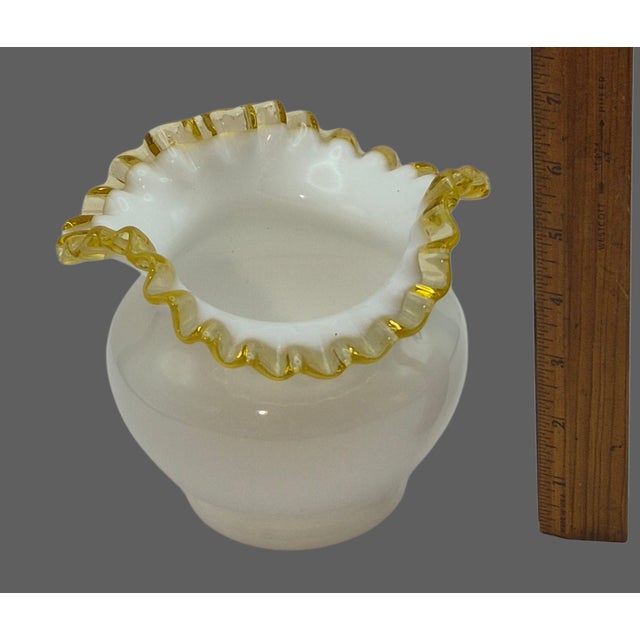 Fenton Art Glass Company Vintage Fenton Milk-Glass Crimped Ruffled Amber Yellow Edge Rose-Bowl Vase For Sale - Image 4 of 5