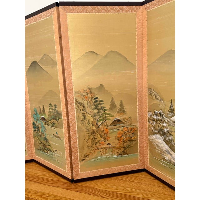 Japanese Showa Period Four Panel Byobu Screen of the Changing Seasons For Sale - Image 6 of 10