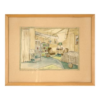 Apartment Interior #2 - Watercolor and Pen on Paper by Doris Lyons Hoover For Sale