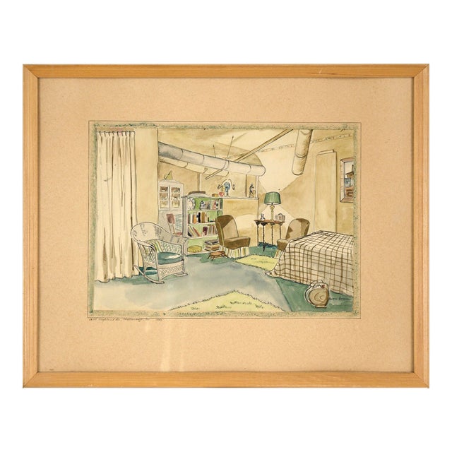 Apartment Interior #2 - Watercolor and Pen on Paper by Doris Lyons Hoover For Sale