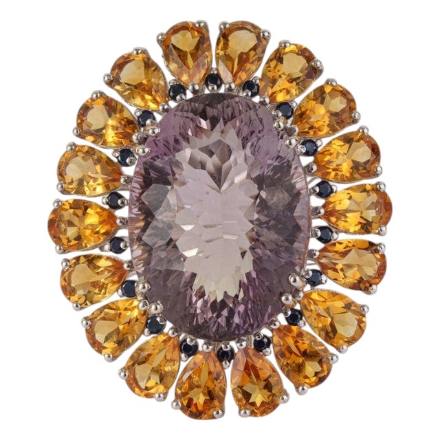 Handcrafted Multi-Gemstone Sunflower Ring in Solid Sterling Silver, Size 7 For Sale