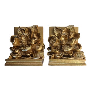 Vintage MCM Gilt Magnolia Bookends- Set of 2 For Sale