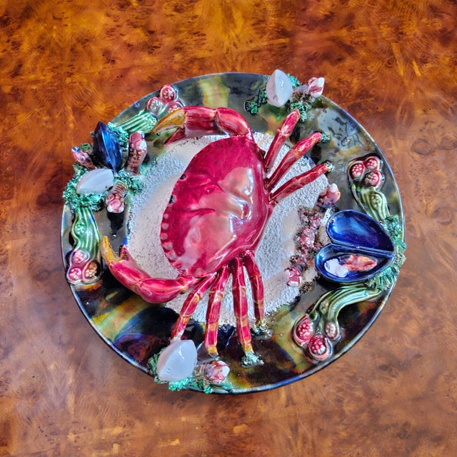 Red Final Clearance 2025 Salted Baked Crab Crustacean Holiday Platter Majolica Trompe l'Oeil of Mid 20th Century For Sale - Image 8 of 11