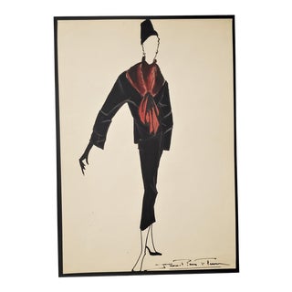 1950 Mid-Century French Original Fashion Drawing in Gouache, Matted For Sale