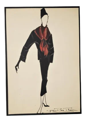 1950 Mid-Century French Original Fashion Drawing in Gouache, Matted