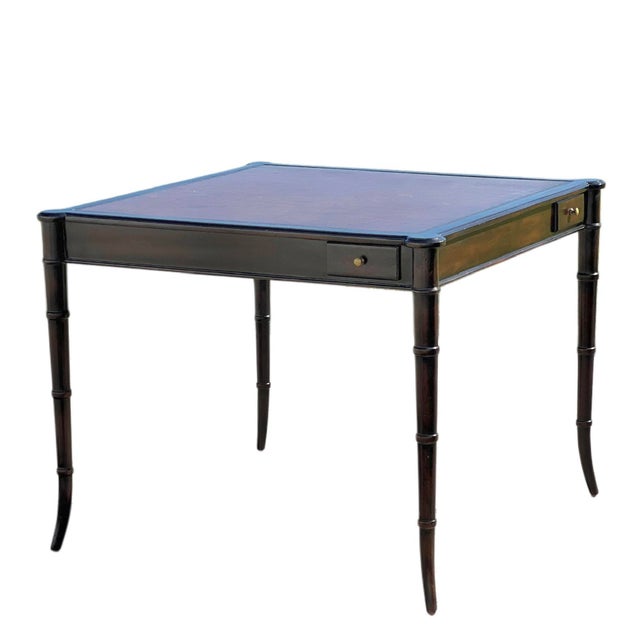 Coastal 1980s Faux Bamboo Leather Top Mahjong Table For Sale - Image 3 of 14