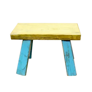 Raw Wood Top Finish Blue Legs Rectangular Short Stool Table