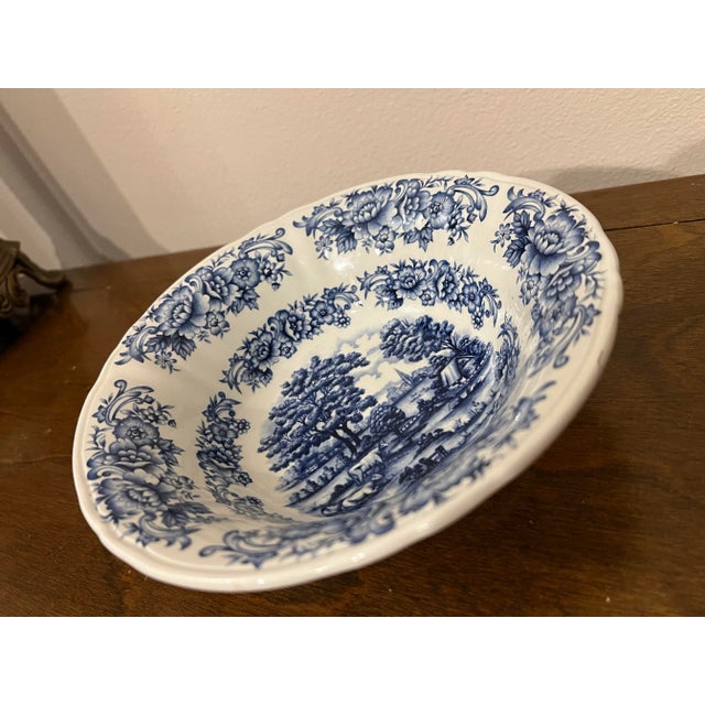 French Country 1980s Vintage Blue Ironstone Vegetable Bowl Home Country Myott Staffordshire England For Sale - Image 3 of 6