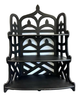 1990s Distressed Black Fretwork 3 Tier Shelf