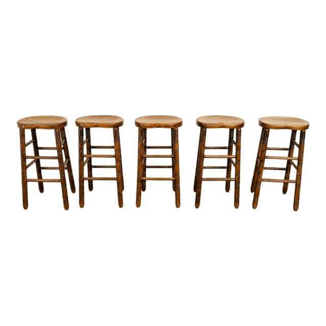 Arts & Crafts Antique Set of Five Antique Arts & Crafts Turned Elm Bar Sadle Seat Stools 1900 For Sale - Image 3 of 18