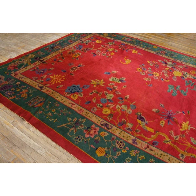 1920s Red Floral Vase Antique Chinese Art Deco Carpet 9' X 11' 8'' Handknotted Wool Rug For Sale - Image 4 of 9
