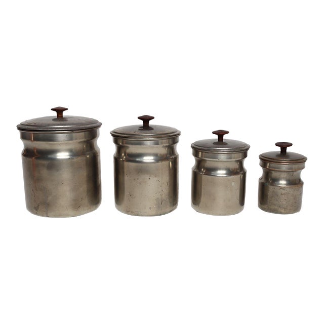 Set of Four Vintage Portuguese Metal and Teak Lidded Graduated Nesting Canisters / Jars by Tagus For Sale