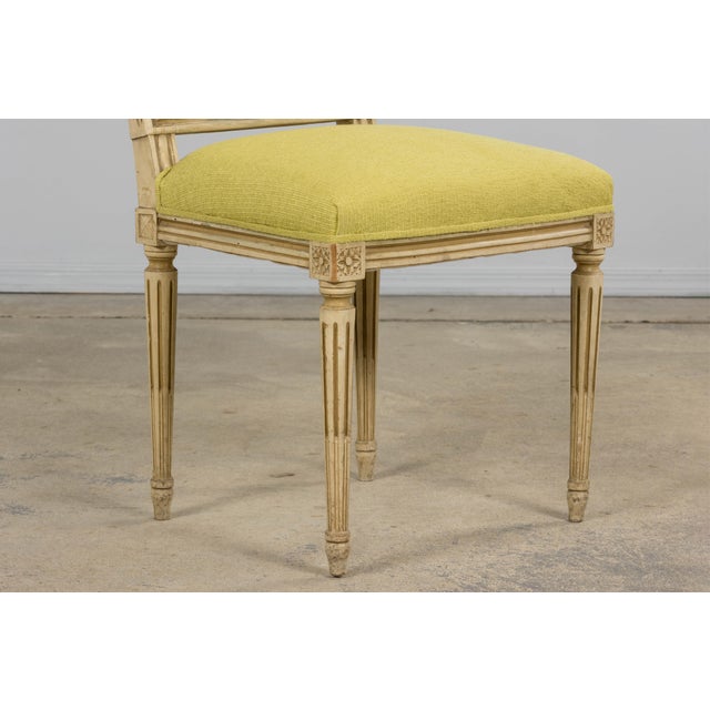 Antique French Louis XVI Painted Accent Side Chairs in Chartreuse Fabric - A Pair For Sale - Image 12 of 18