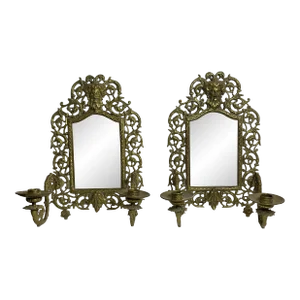 Pair of Early 1900s Victorian Gilt Mirror Bronze With Sconces